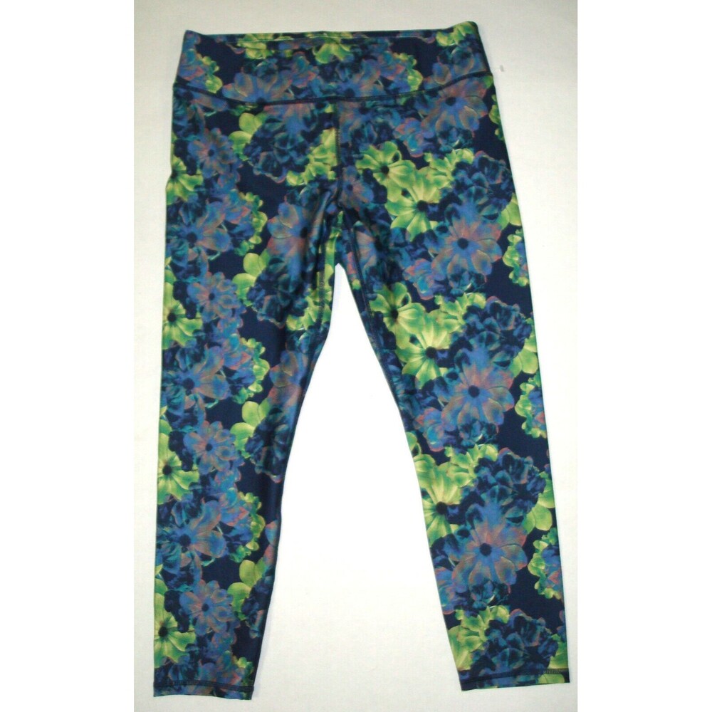 New Fabletics Womens Leggings S High Waist Capri Crop Yoga Run Floral Blue Green
